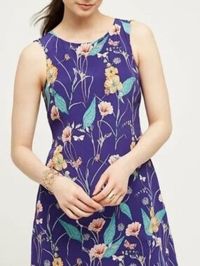 Anthropologie HD in Paris Blue-Purple Hidden Isle Silk Floral Mini shift Dress